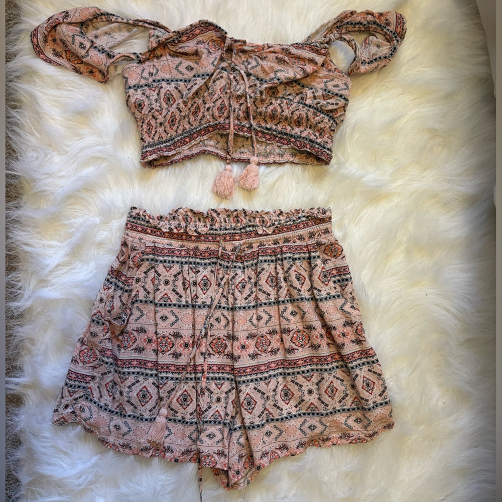 Bohemian Pink Patterned Women's Top and Shorts Set